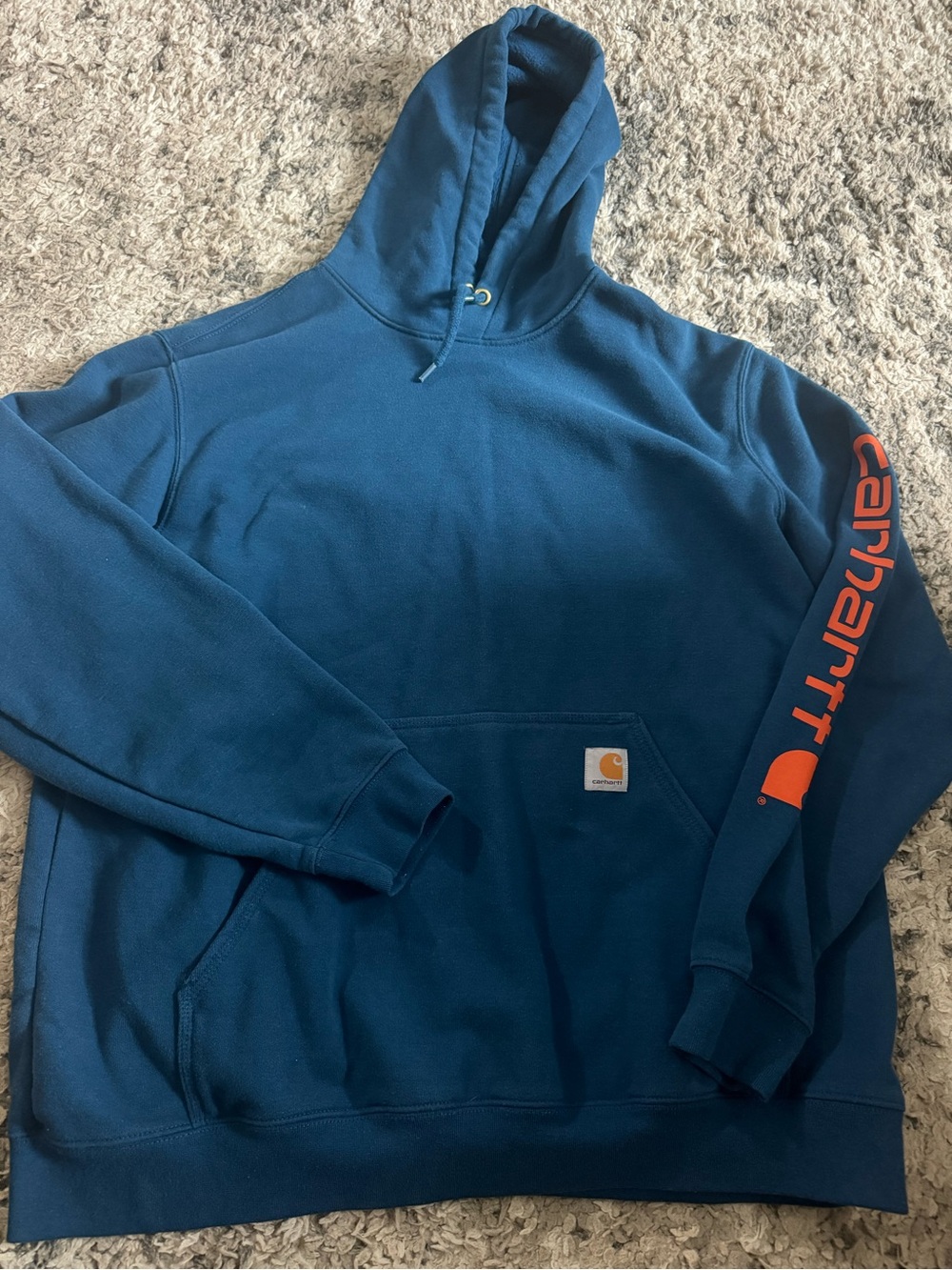 Carhartt Men’s Teal Hooded Sweatshirt with Orange Sleeve Logo